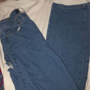 High waisted, mid blue, distressed(ripped), boyfriend jeans from Boohoo